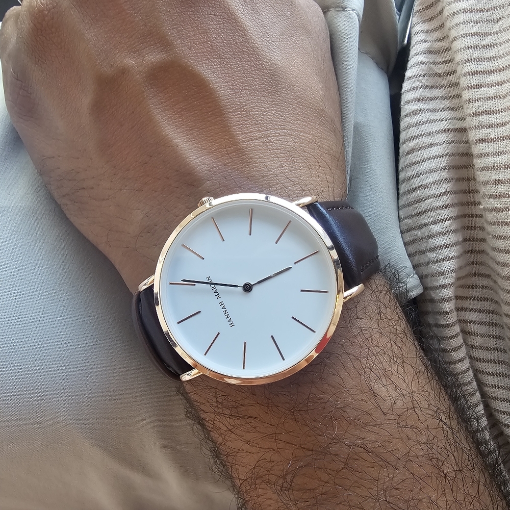 Rose Gold & White Minimalist Watch with Black Leather Strap Unisex